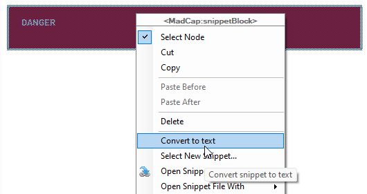 The “Convert to text” option for snippets in Flare.