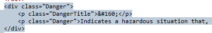 The highlighted code of a Danger box in the Flare HTML editor.