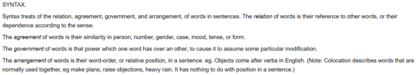 A screenshot of a grammar textbook by Goold Brown from Wikisource. It shows an introduction to the subject of syntax.