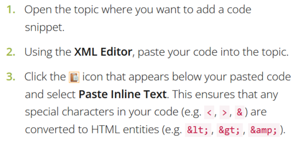 A screenshot from an Lios article explaining how to include code examples in MadCap Flare. It shows the first three steps of a procedure.