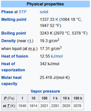 A screenshot from the Wikipedia article on gold. It shows a list of properties, including melting and boiling points and density, as well as a table showing vapour pressure.
