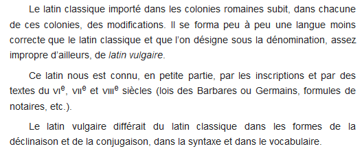 Une capture d'écran d'un manuel de grammaire de Joseph Anglade qui présente une introduction au latin classique et au développement du latin vulgaire.