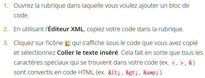 Une capture d'écran d'un article de Lios qui explique comment ajouter des exemples de code dans MadCap Flare. Elle montre les trois premières étapes d'une procédure.